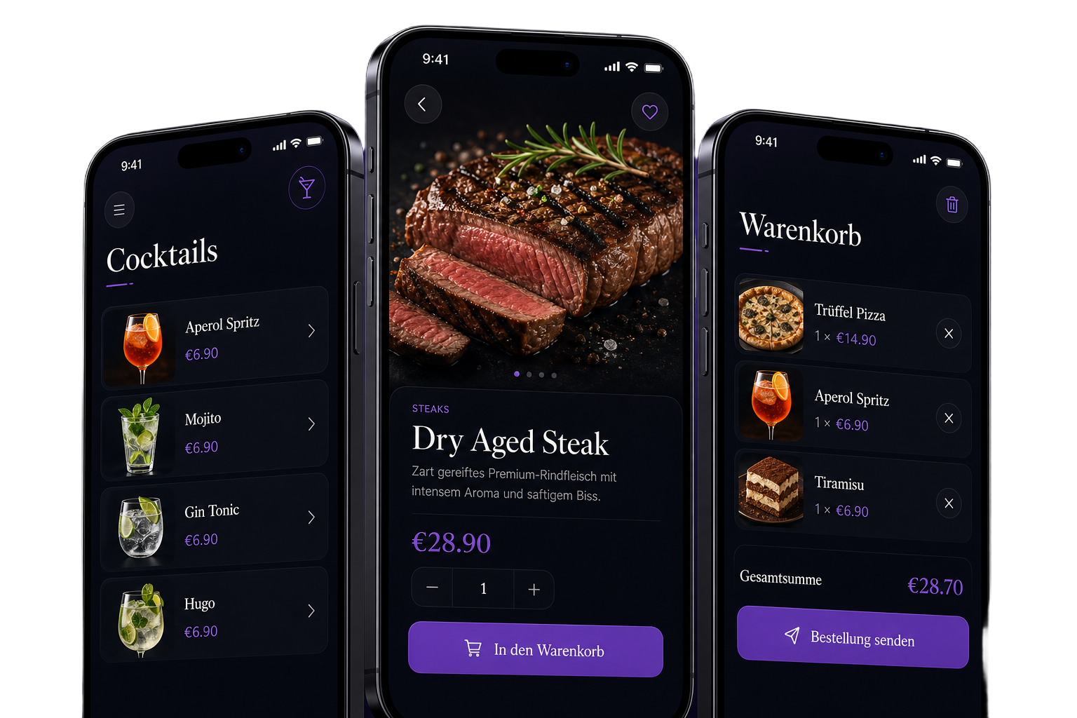 Three Menuvia app screens: cocktails menu, steak detail and cart